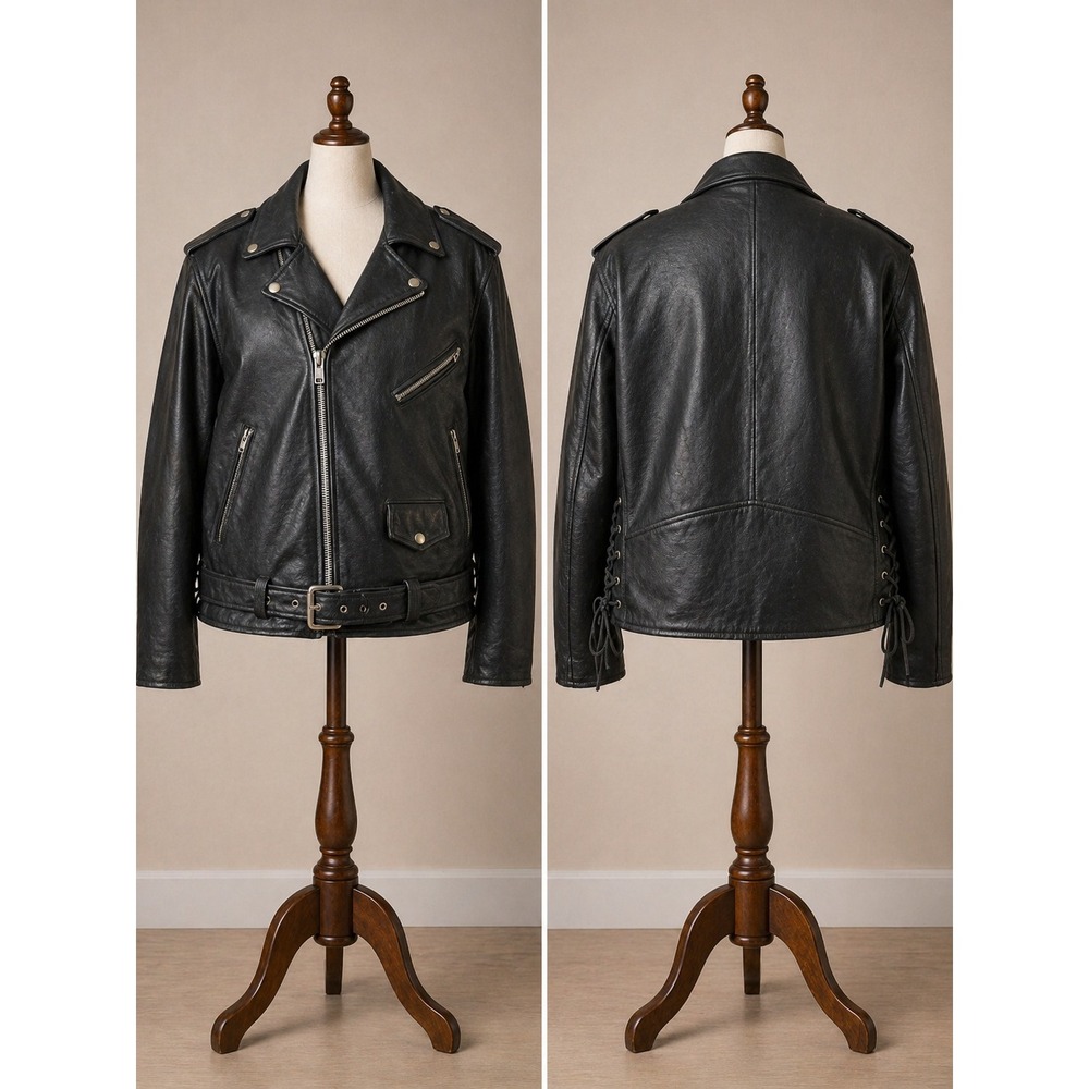 Vintage MOB 5XL Black Leather Motorcycle Biker Jacket‎ Belted Lace Heavyweight